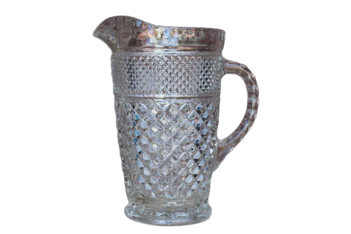 Tall Pressed Clear Glass Water Pitcher Diamond and Leaf Pattern