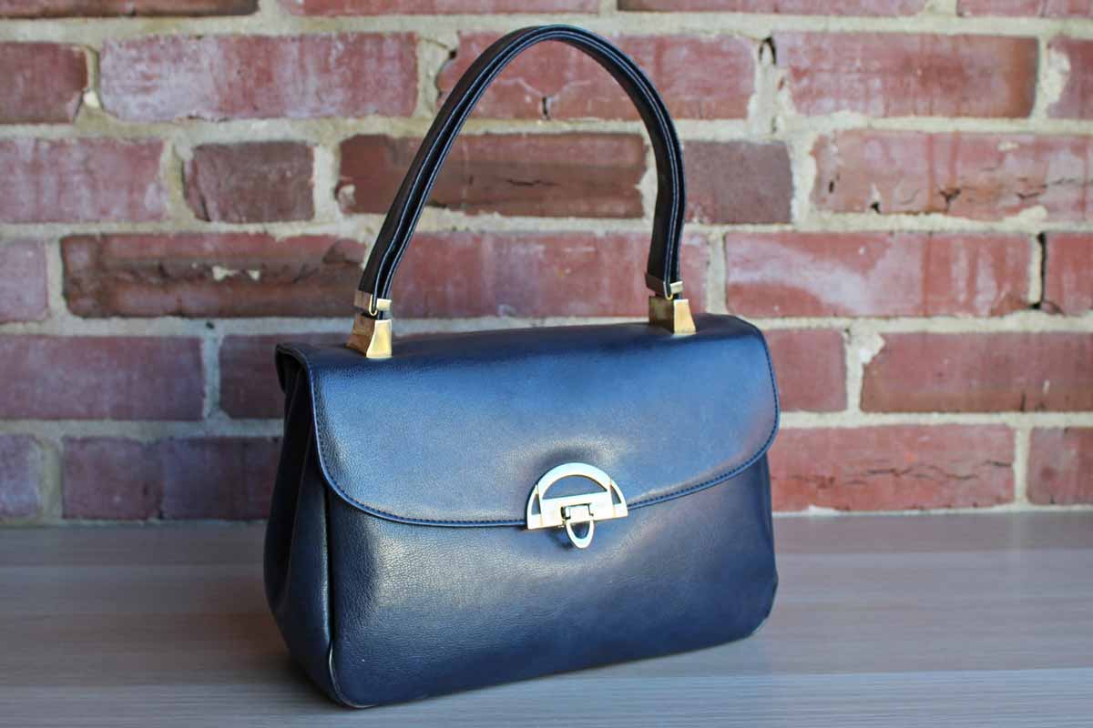 Vintage Navy Leather Top Handle Bag