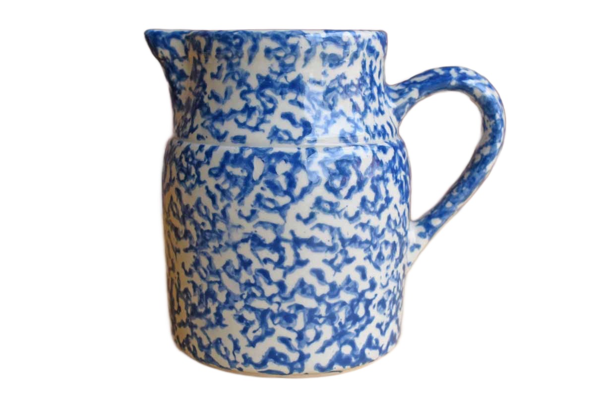 Pottery Pitcher with Blue House & Hearts on front. Cute pitcher for any  room.