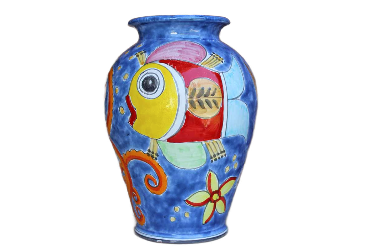 Nino Parrucca (Italy) Large Ceramic Vase Decorated with Colorful Fish and  Octopus