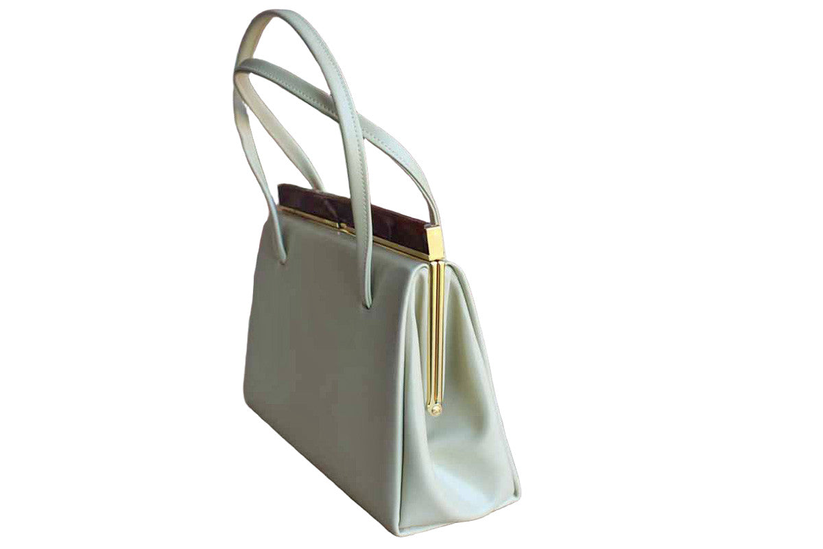 Beige Patent Leather Frame Handbag with Plastic Tortoiseshell Snap Closure Made in England