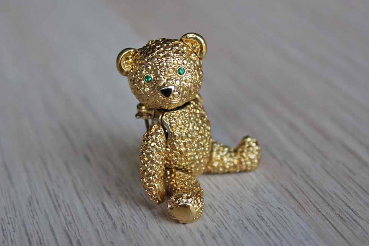 Gold Tone Bear Green Eyes Pendant or Pin Moveable Arms Legs Head Teddy
