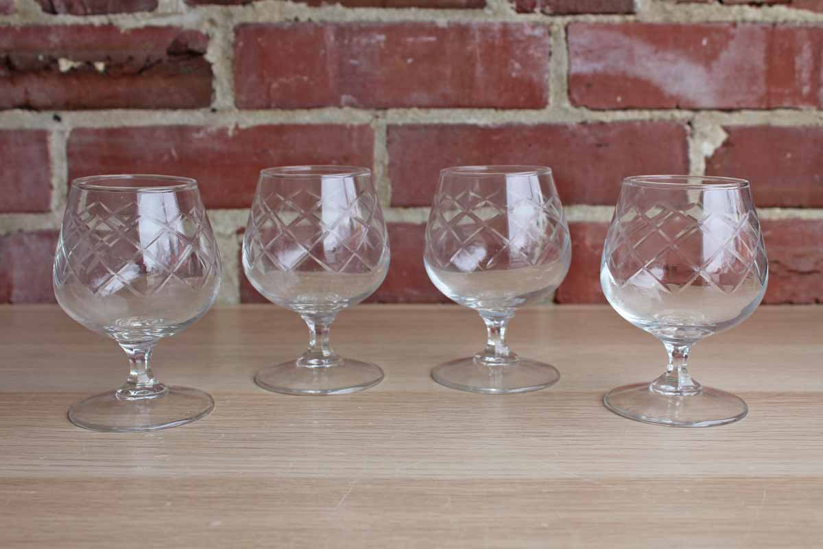 Clear Etched Glass Aperitif Miniature Brandy Snifters, Set of 4