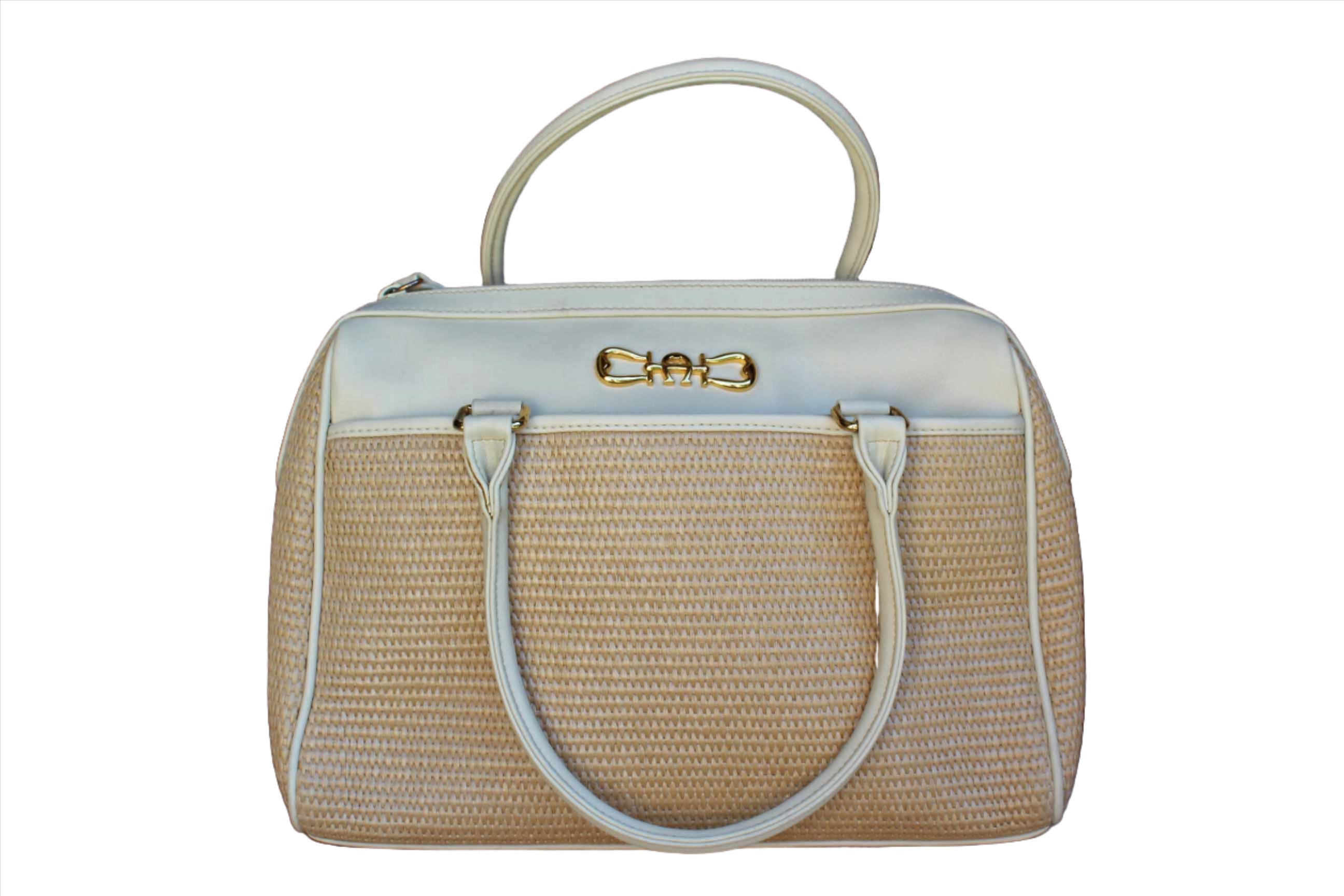 Etienne Aigner New York USA Cream Leather and Straw Handbag