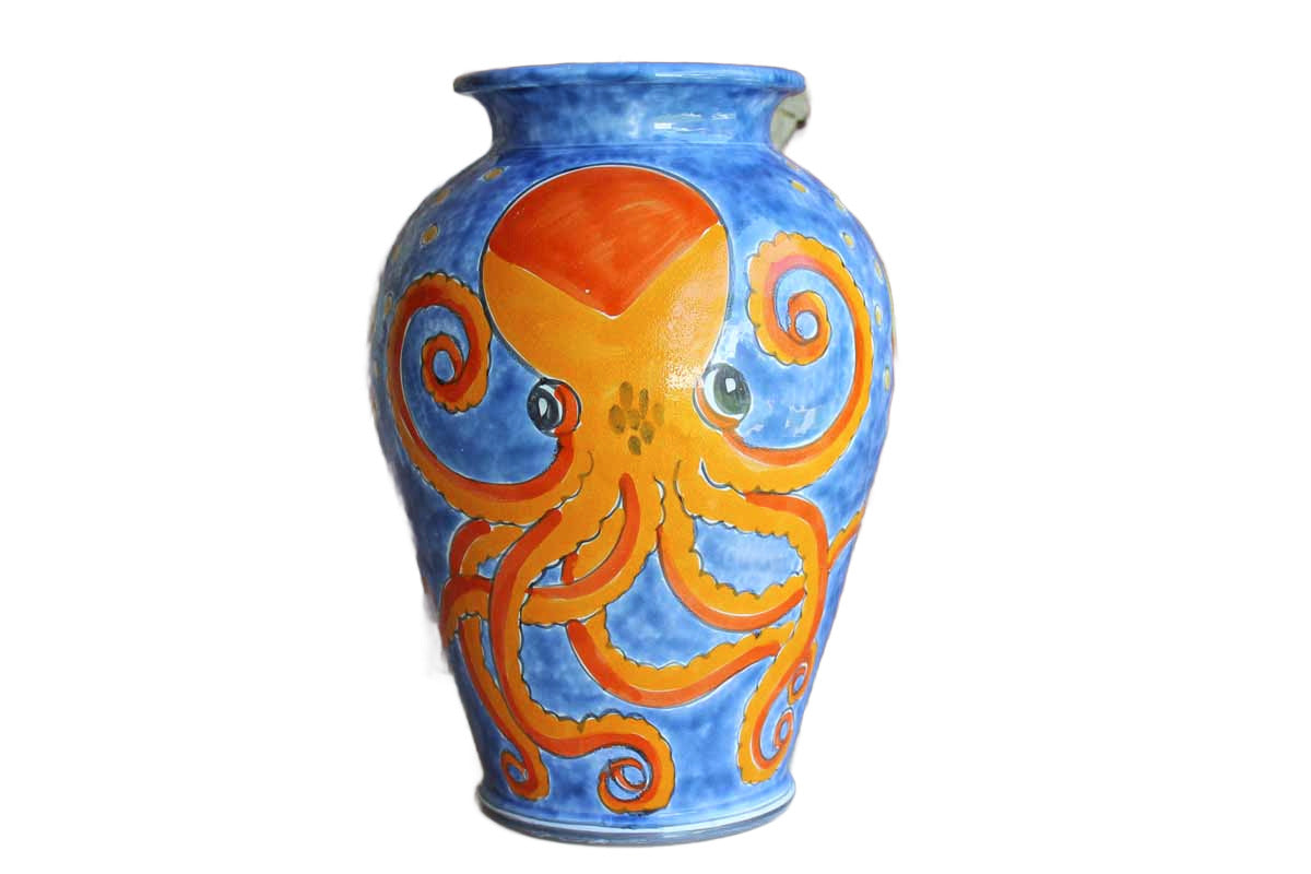 Nino Parrucca (Italy) Large Ceramic Vase Decorated with Colorful Fish and  Octopus