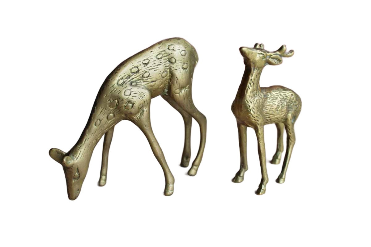 Brass Deer Figurines with Aged Patina
