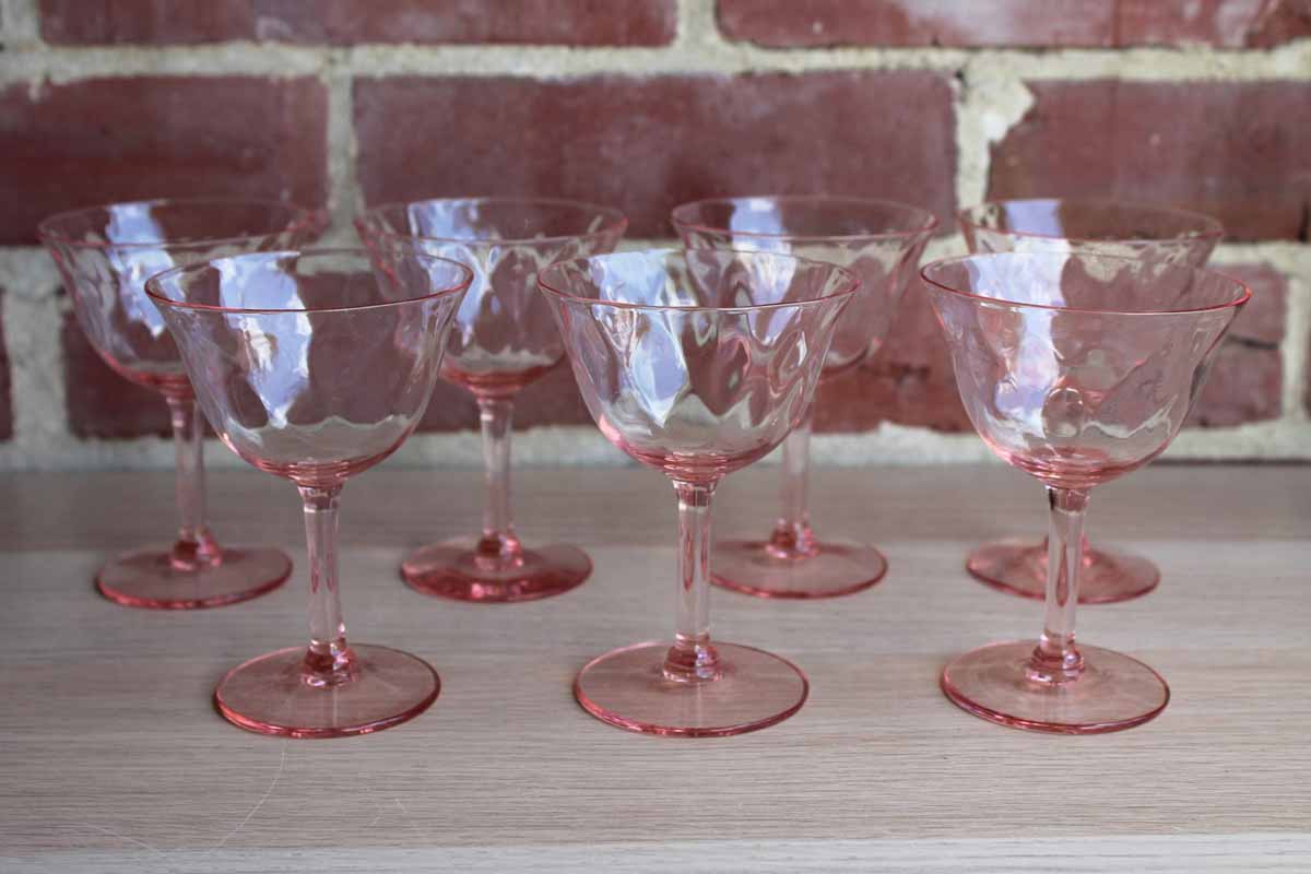 Vintage PINK DIAMOND OPTIC Champagne Glass - Cocktail Martini Glasses, Set  of 6, Depression Glass Circa 1940's Vintage Pink Cocktail glasses