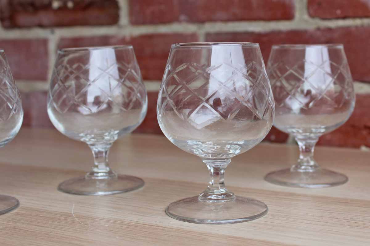 Clear Etched Glass Aperitif Miniature Brandy Snifters, Set of 4