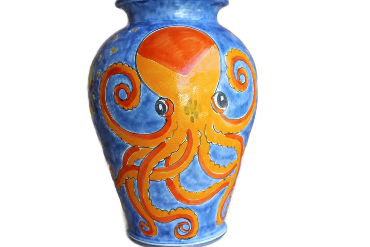 Nino Parrucca (Italy) Large Ceramic Vase Decorated with Colorful Fish and  Octopus