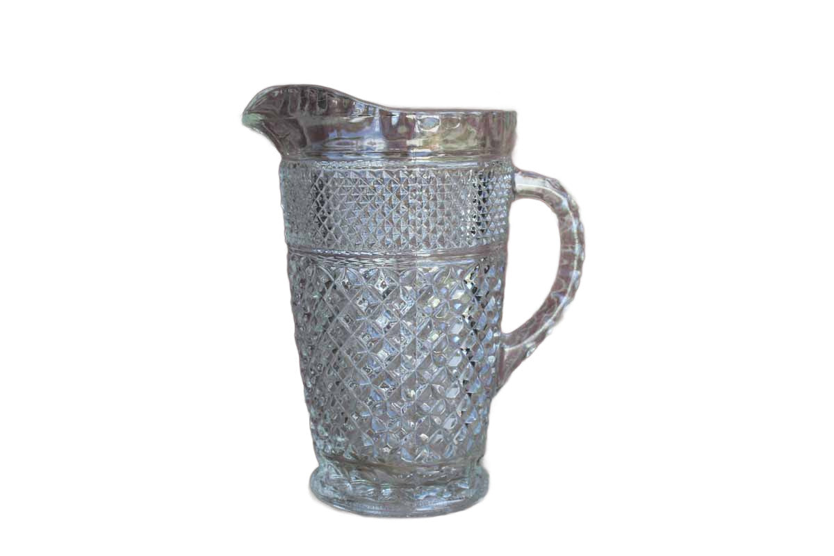 Tall Pressed Clear Glass Water Pitcher Diamond and Leaf Pattern