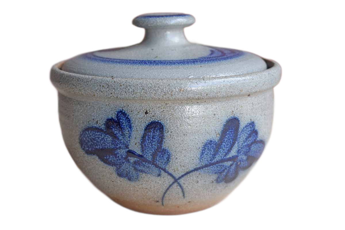 Rowe Pottery Works (Wisconsin, USA) Salt Glazed Lidded Bowl with Blue  Flowers