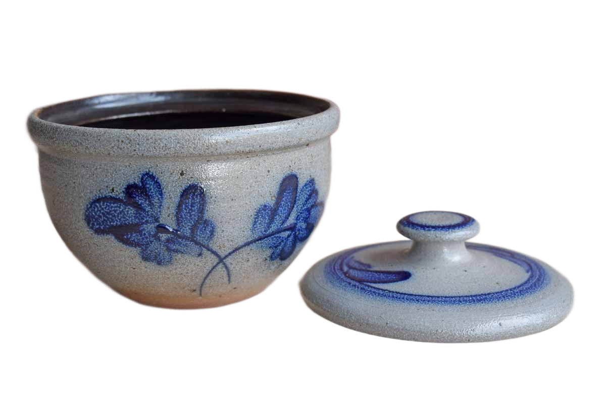 Rowe Pottery Works (Wisconsin, USA) Salt Glazed Lidded Bowl with Blue  Flowers