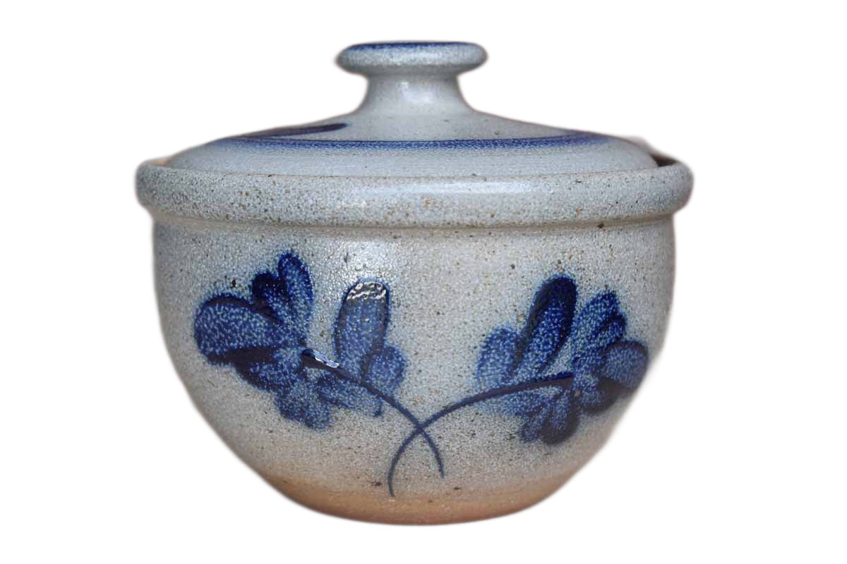 Rowe Pottery Works (Wisconsin, USA) Salt Glazed Lidded Bowl with Blue  Flowers